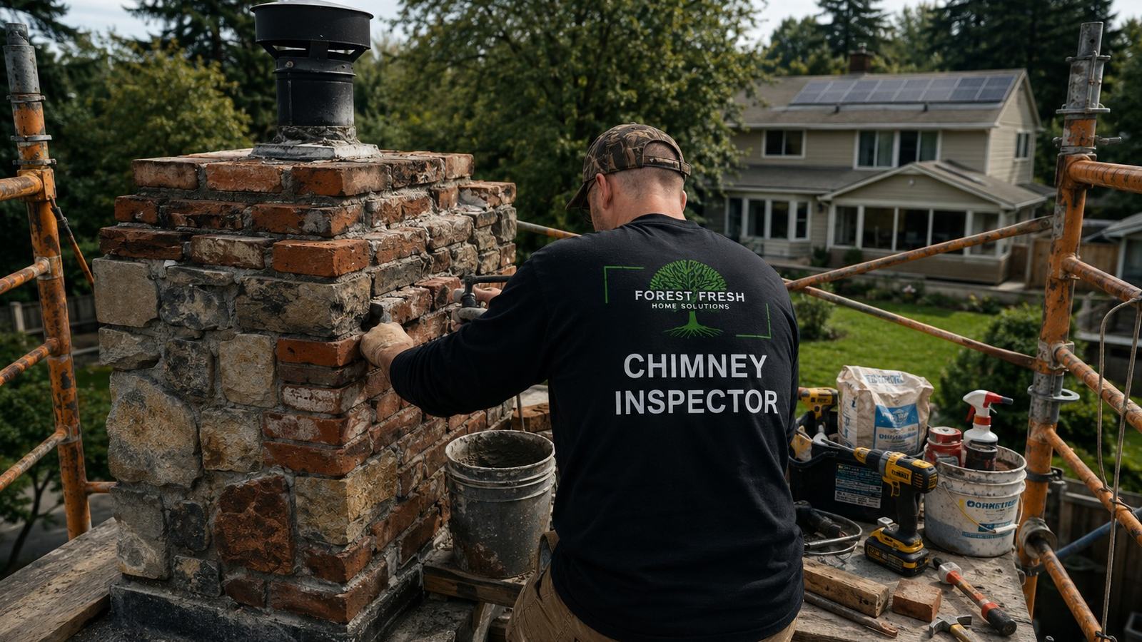 Forest Fresh chimney technician working on a rooftop chimney in Portland